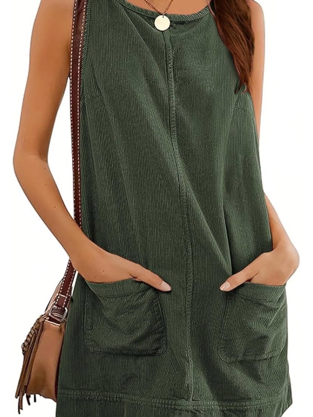 Amazon Olive Green Sleeveless Pocket Shift Dress